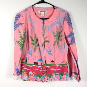 Kemp & Company Womens 10 Tropical Zip Jacket Palm Tree Print Pink Lightweight